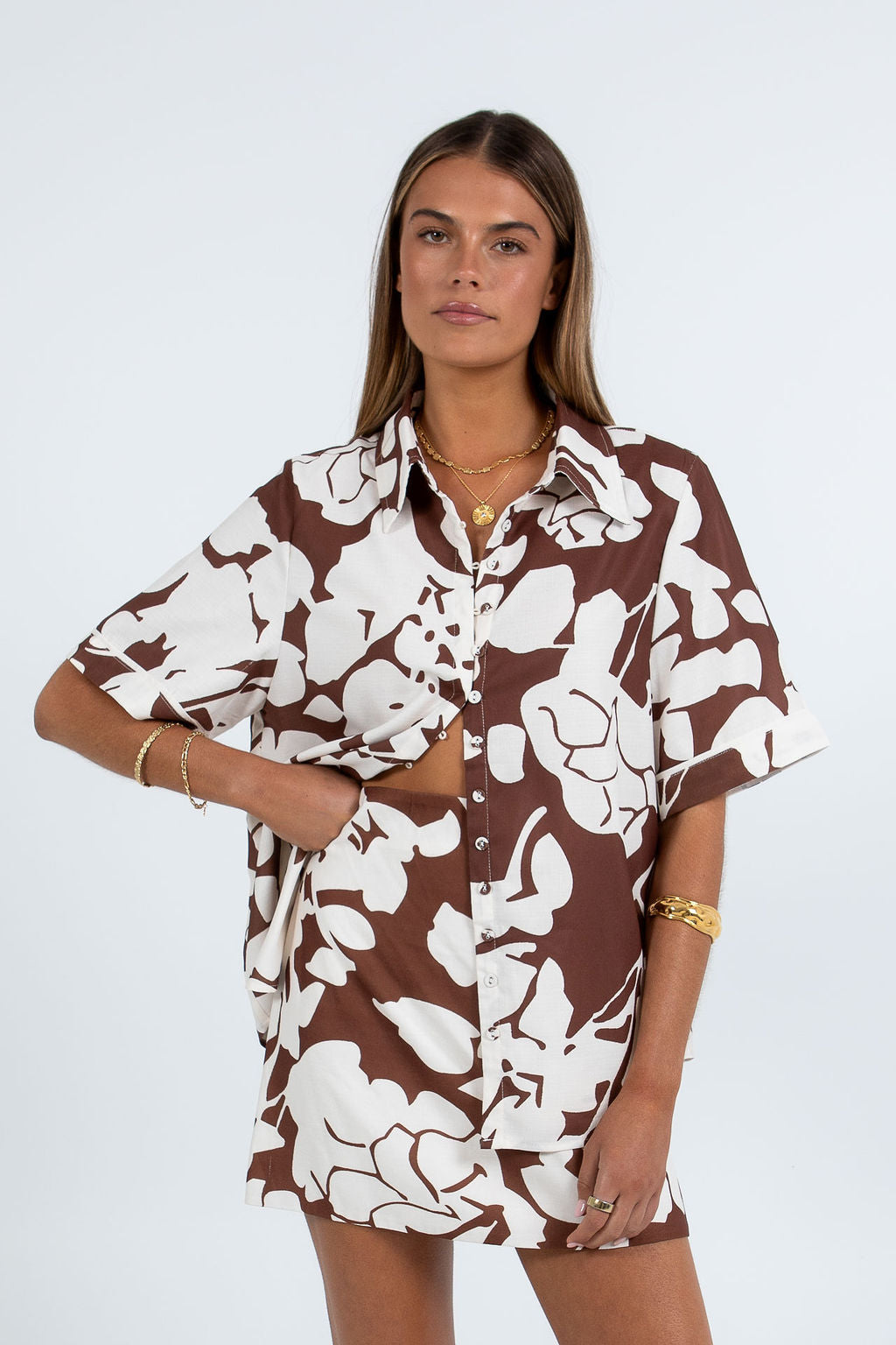 Valletta Mini Skirt - Chocolate Brown/Cream Floral Print