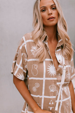 Cascade Shirt Dress - Tan/White Print
