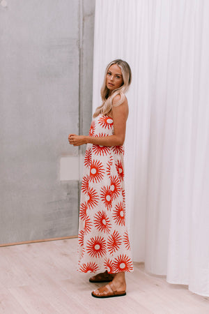 Xues Dress - Beige/Red Sun Print