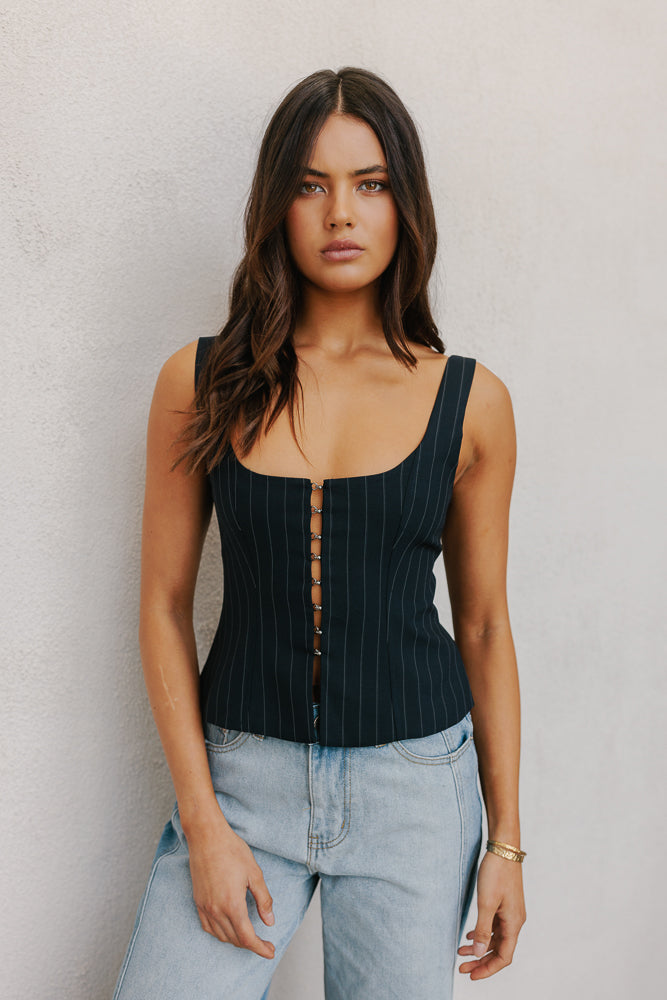 Addison Top Navy Pinstripe