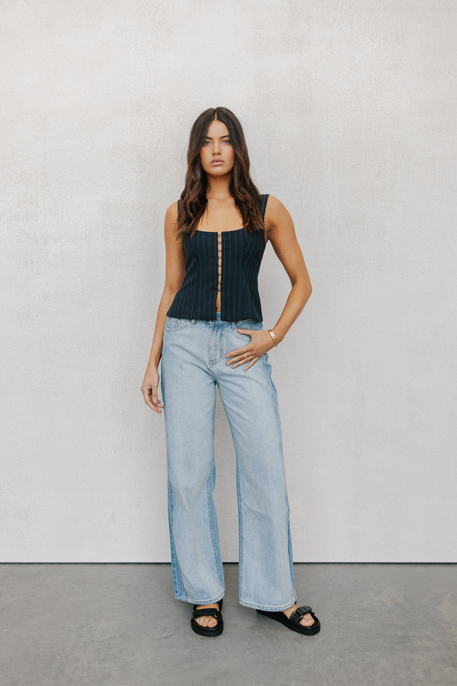 Addison Top Navy Pinstripe