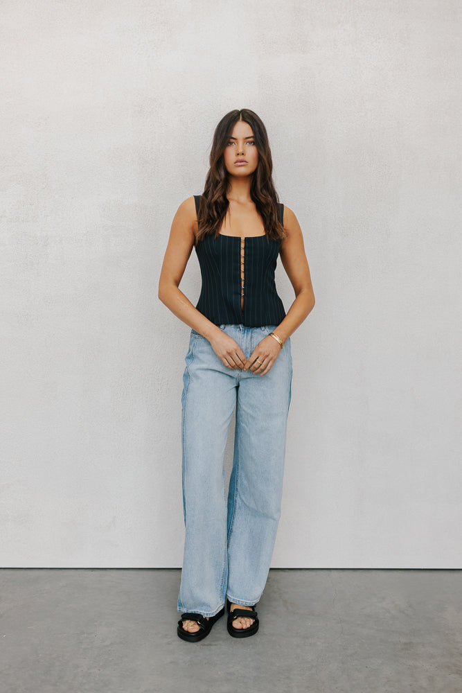 Addison Top Navy Pinstripe