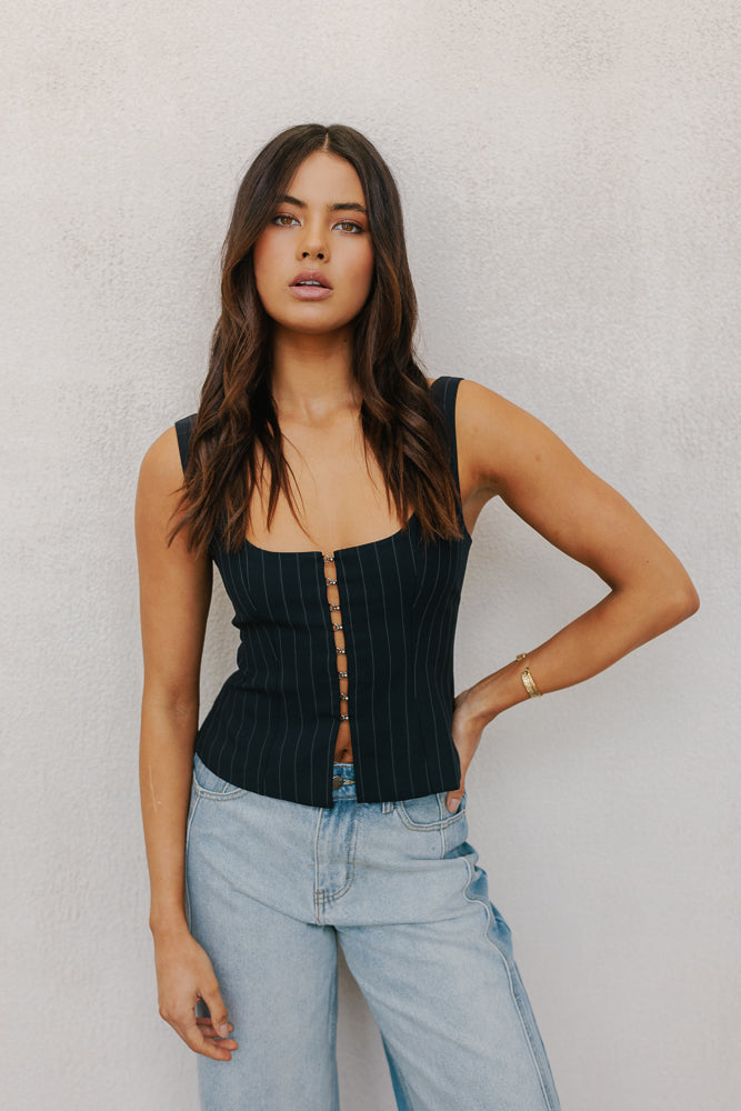 Addison Top Navy Pinstripe
