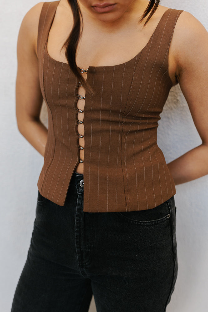 Amie Top Chocolate Pinstripe