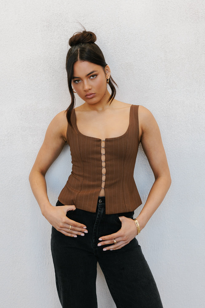 Amie Top Chocolate Pinstripe
