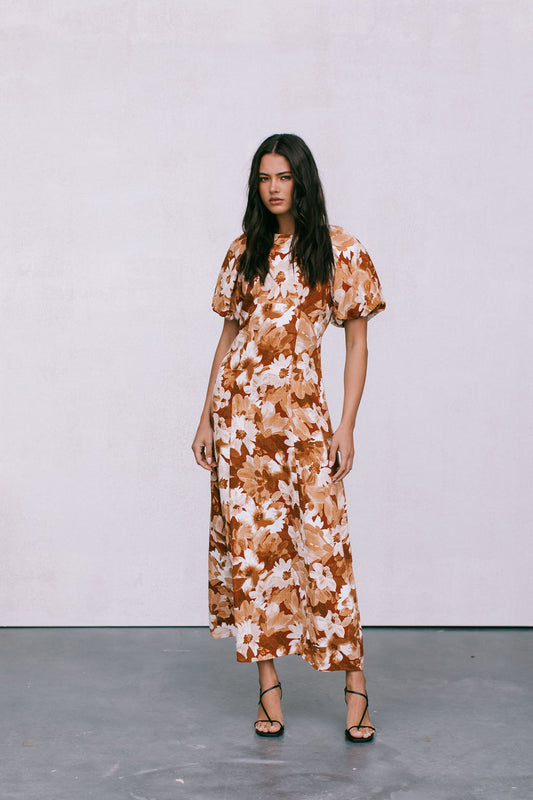 Layne Midi Dress - Rust Floral Print