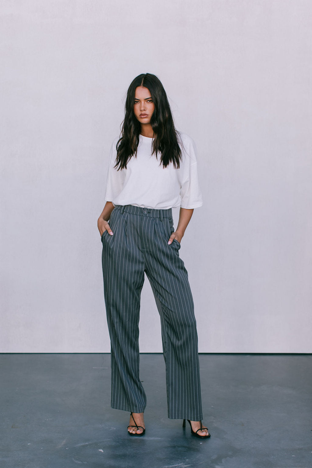 DISPATCH 09.05.25 - Cerlah Tailored Pants - Charcoal Grey/White Pinstripe