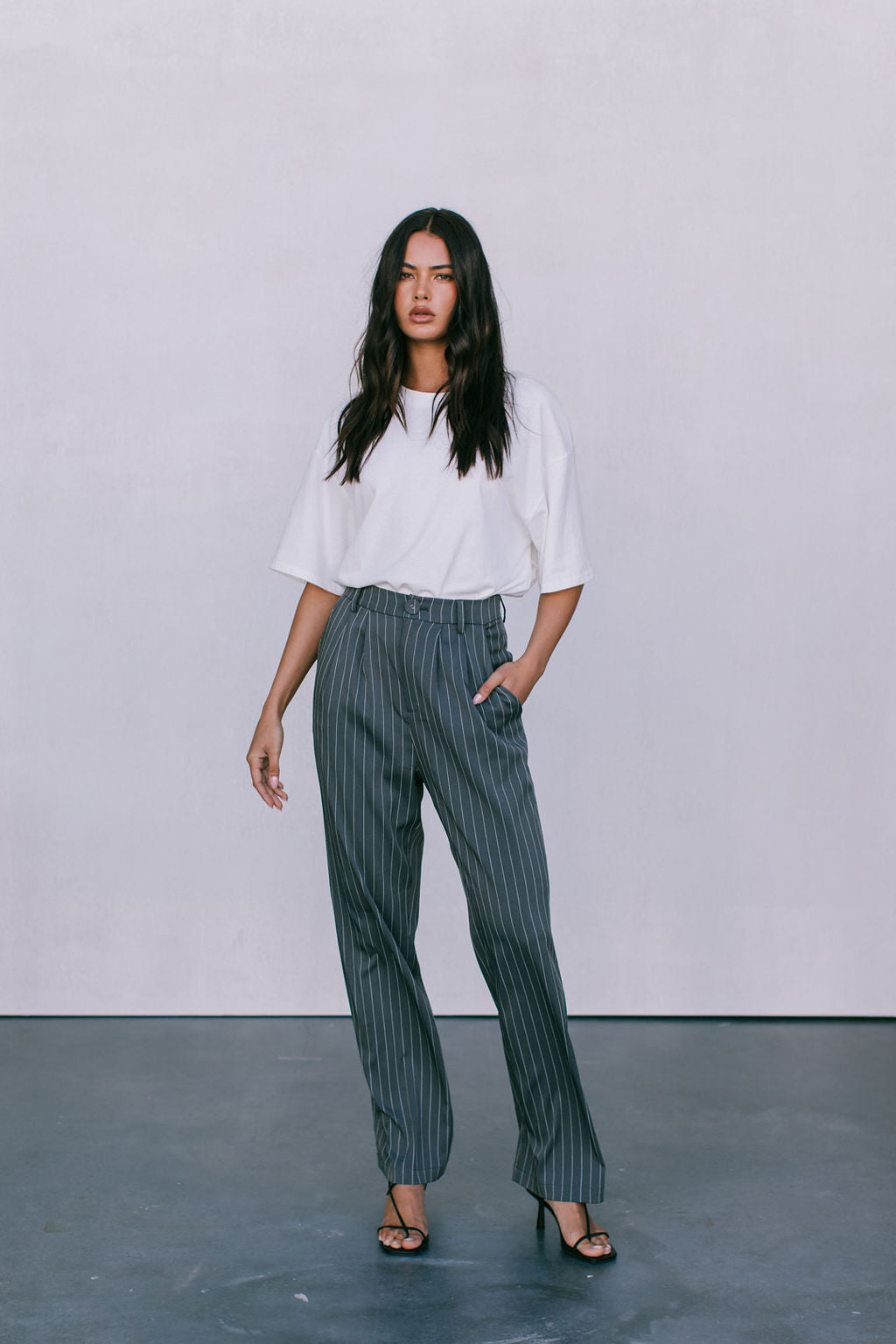 DISPATCH 09.05.25 - Cerlah Tailored Pants - Charcoal Grey/White Pinstripe