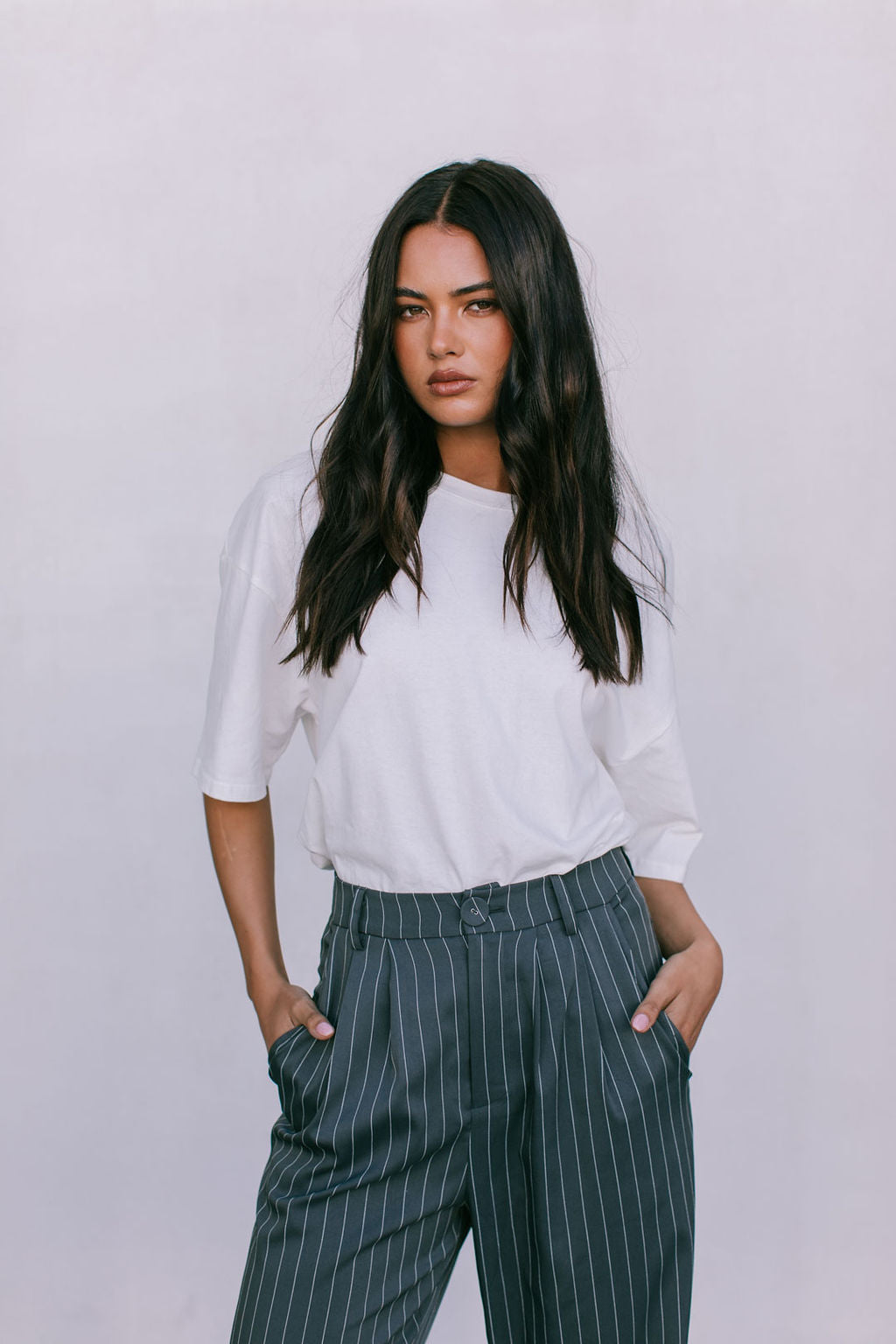 DISPATCH 09.05.25 - Cerlah Tailored Pants - Charcoal Grey/White Pinstripe