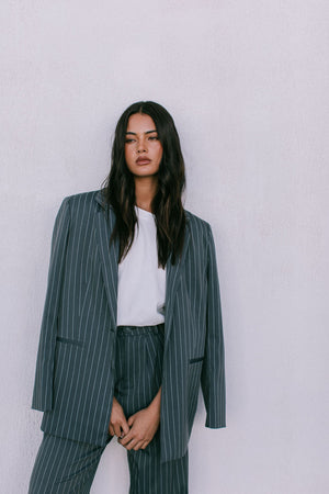 DISPATCH 09.05.25 - Cerlah Tailored Pants - Charcoal Grey/White Pinstripe