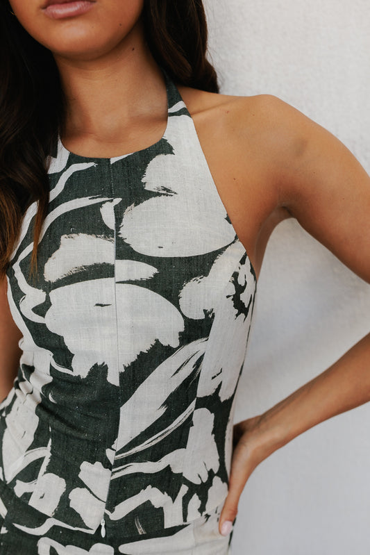 Fresco Halter Top - Natural/Charcoal Floral Print