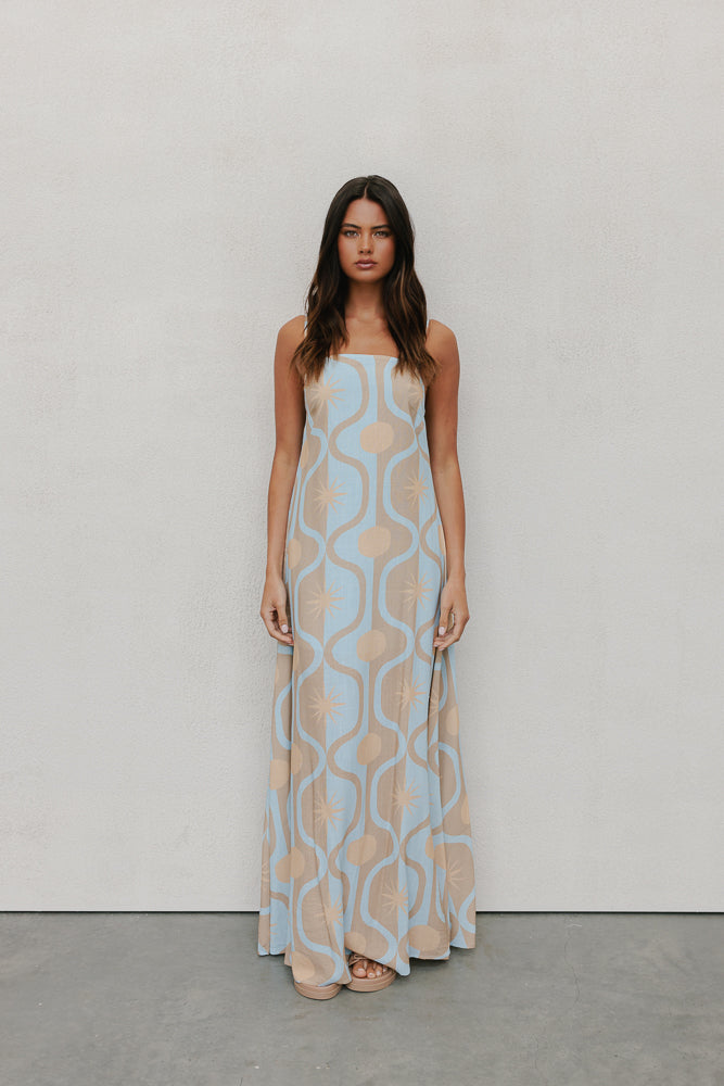 Sereno Dress - Blue/Tan Sun Print