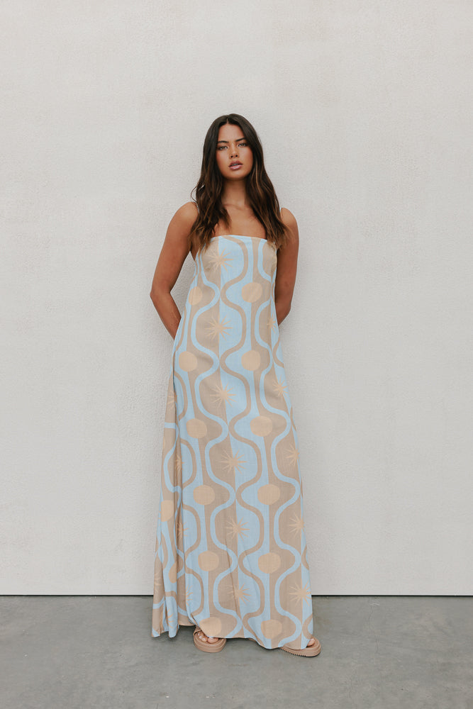 Sereno Dress - Blue/Tan Sun Print