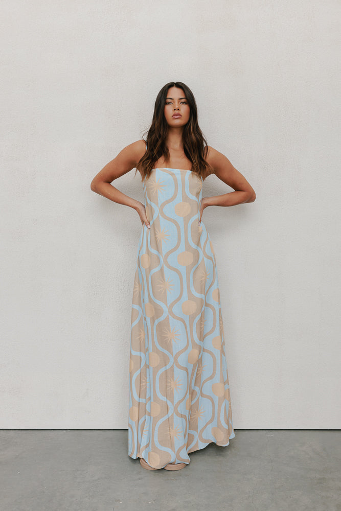 Sereno Dress - Blue/Tan Sun Print