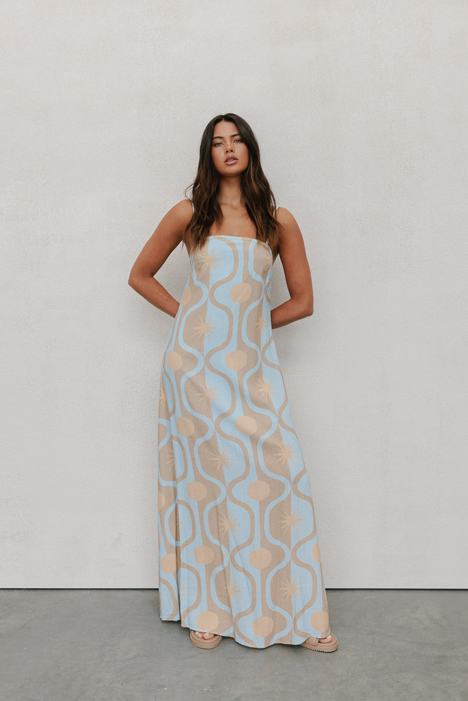 Sereno Dress - Blue/Tan Sun Print