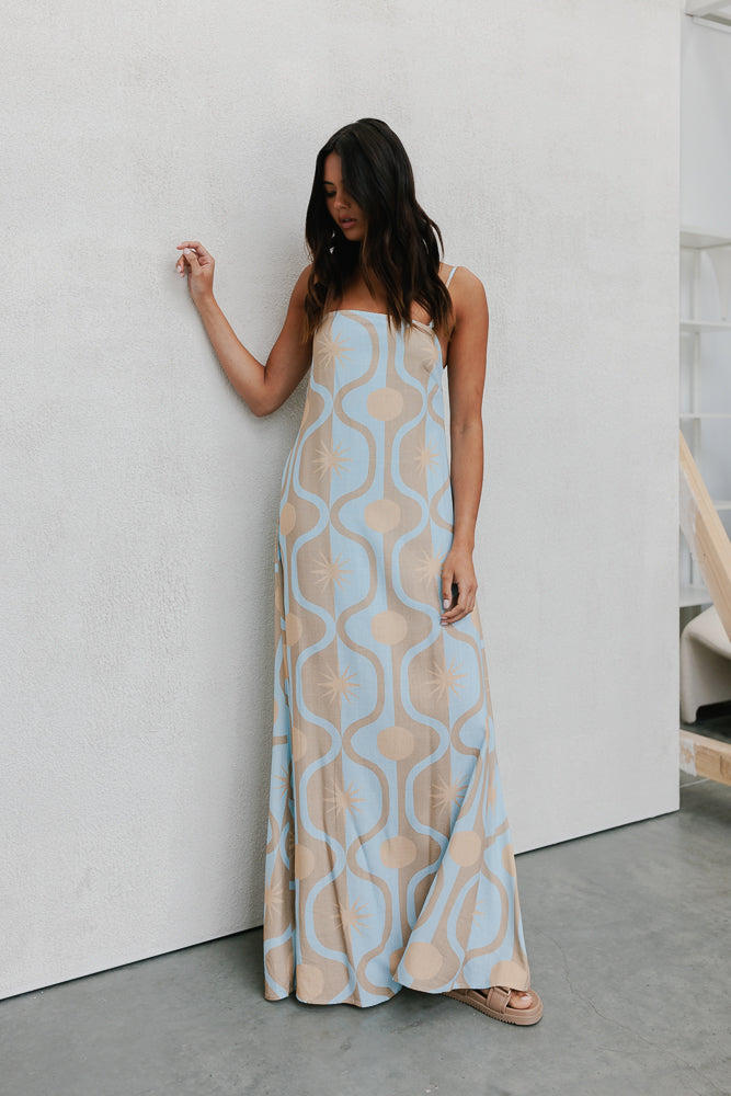 Sereno Dress - Blue/Tan Sun Print