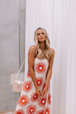 Xues Dress - Beige/Red Sun Print