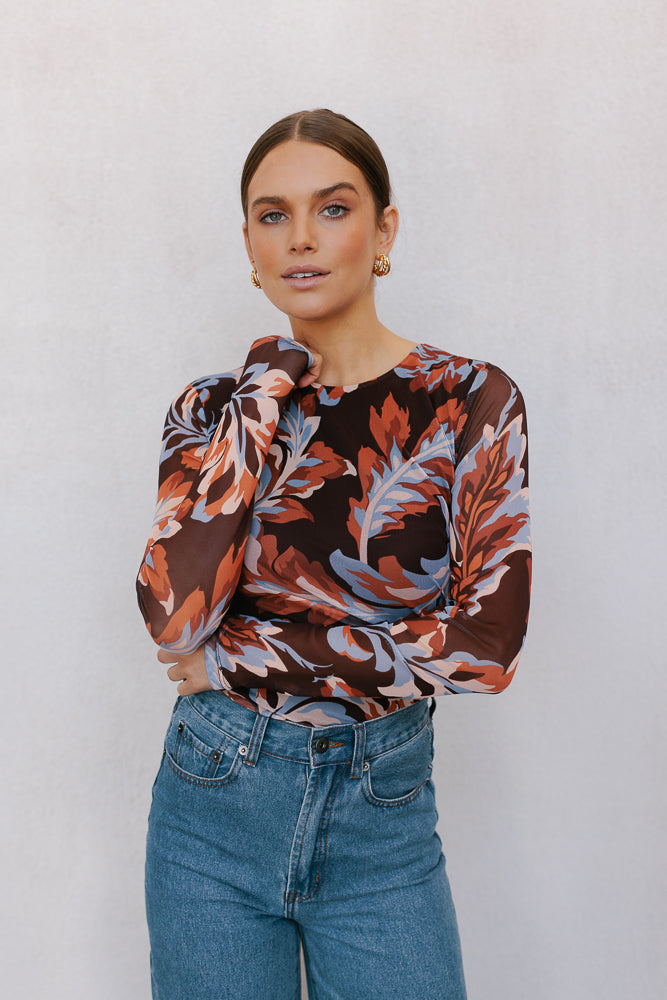 Genevieve Long Sleeve Top Brown Floral