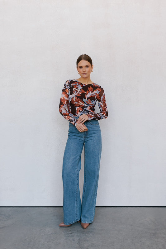 Genevieve Long-sleeve Top - Brown/Blue Floral Mesh