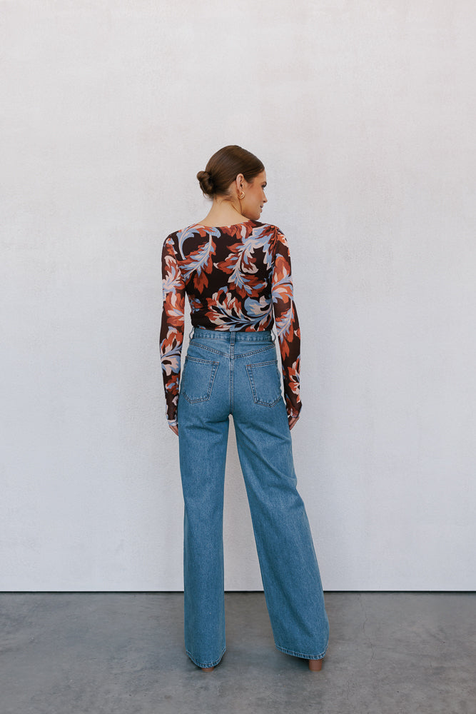 Genevieve Long Sleeve Top Brown Floral