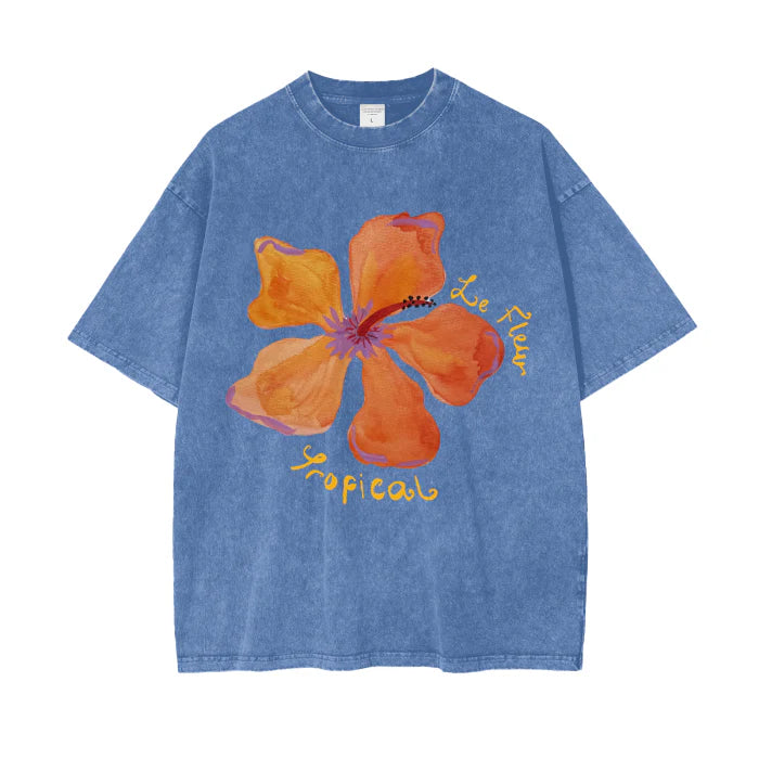 Le Fleur Tropical Tee - Blue Acid Wash