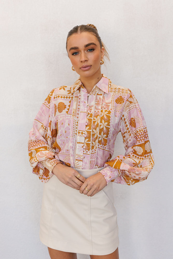 Lennon Top - Pink/Tan Print