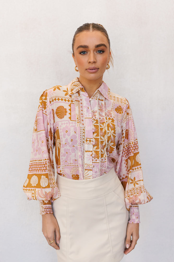 Lennon Top - Pink/Tan Print