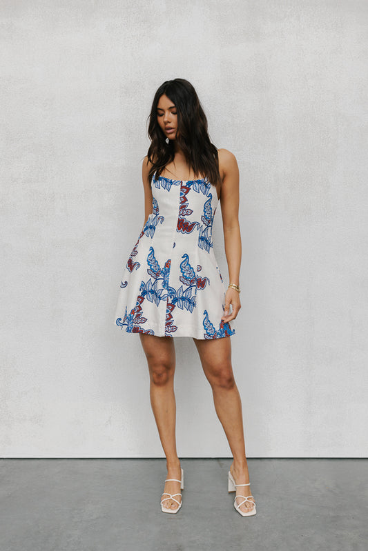 Haree Mini Dress - Cream/Blue Paisley Print
