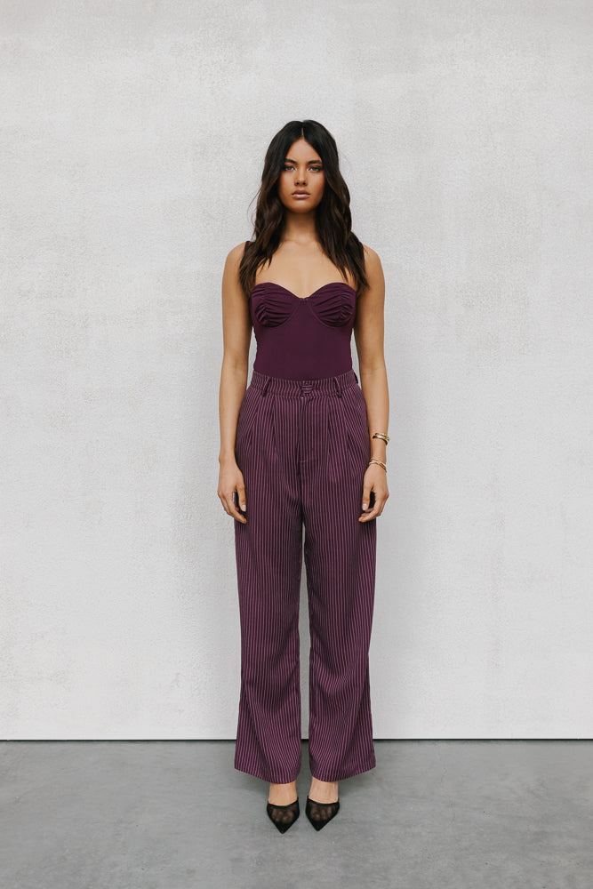 Scarlett Pants - Plum/White Pinstripe