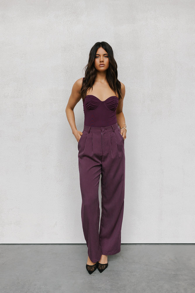 Scarlett Pants - Plum/White Pinstripe