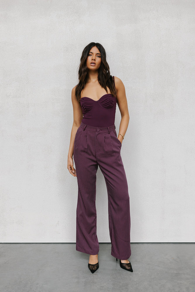 Scarlett Pants - Plum/White Pinstripe