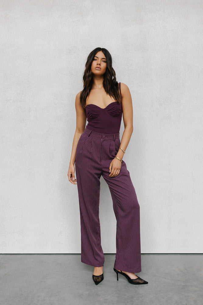 Scarlett Pants - Plum/White Pinstripe