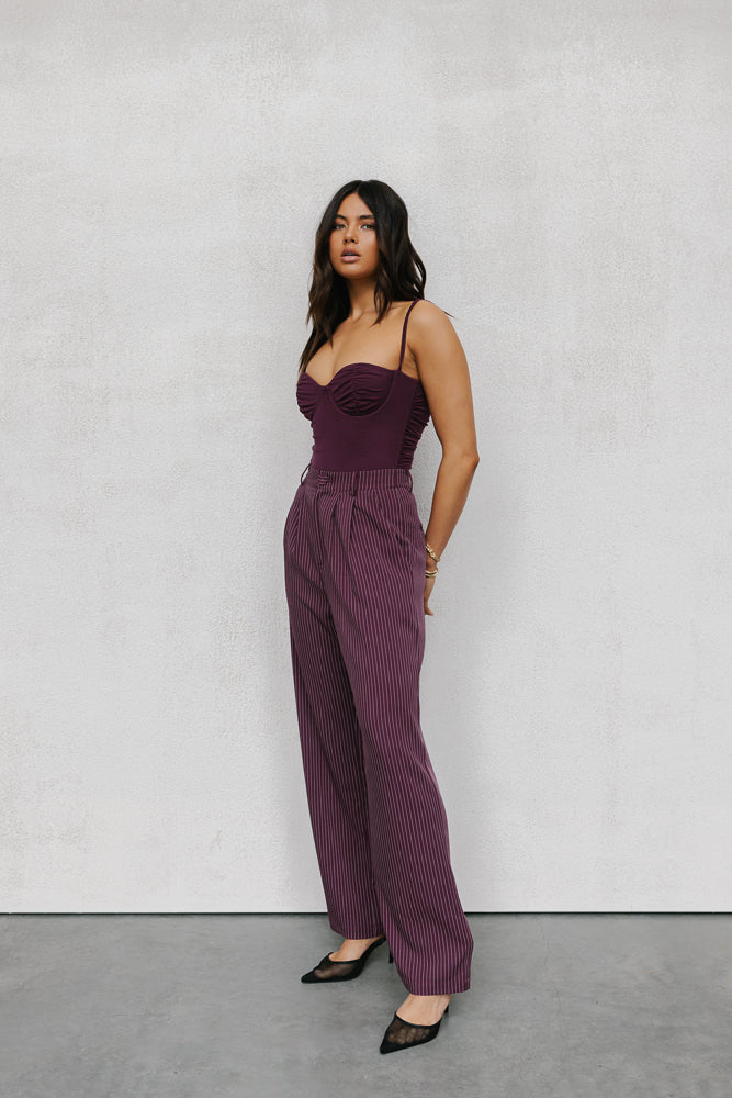 Scarlett Pants - Plum/White Pinstripe