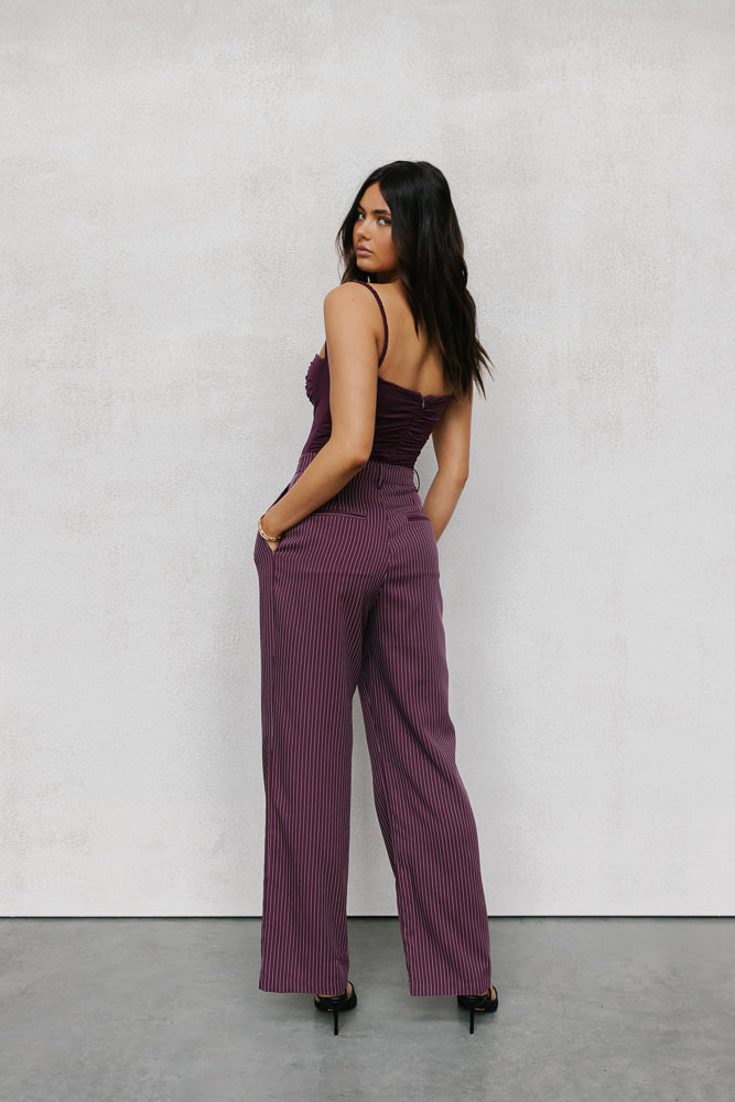 Scarlett Pants - Plum/White Pinstripe