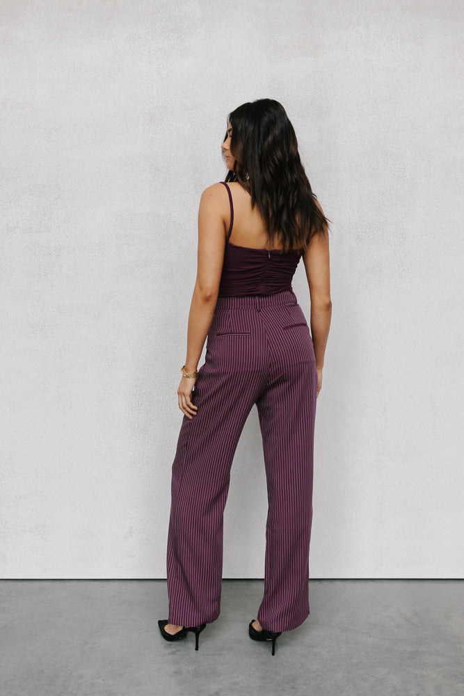 Scarlett Pants - Plum/White Pinstripe