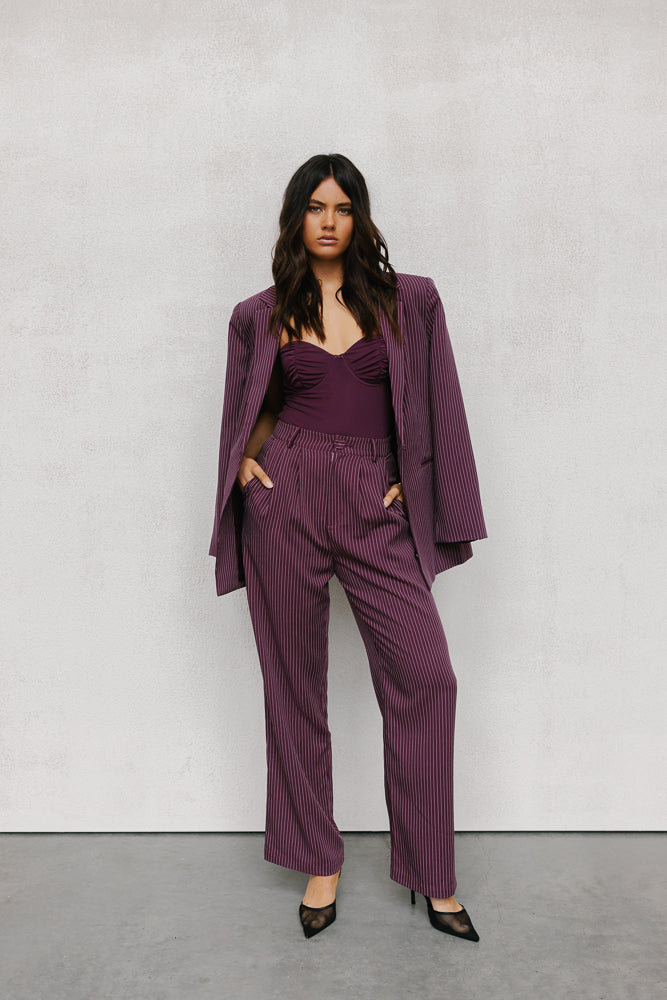 Scarlett Pants - Plum/White Pinstripe