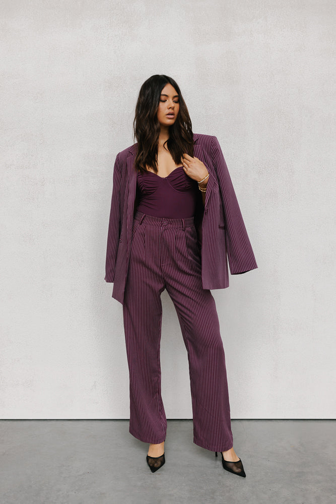 Scarlett Pants - Plum/White Pinstripe