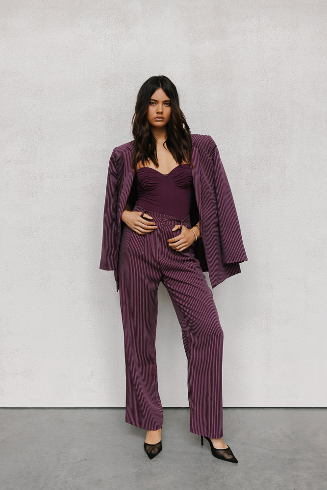 Scarlett Pants - Plum/White Pinstripe