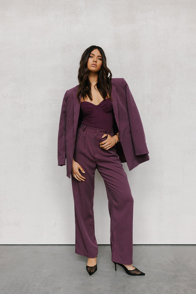 Scarlett Pants - Plum/White Pinstripe