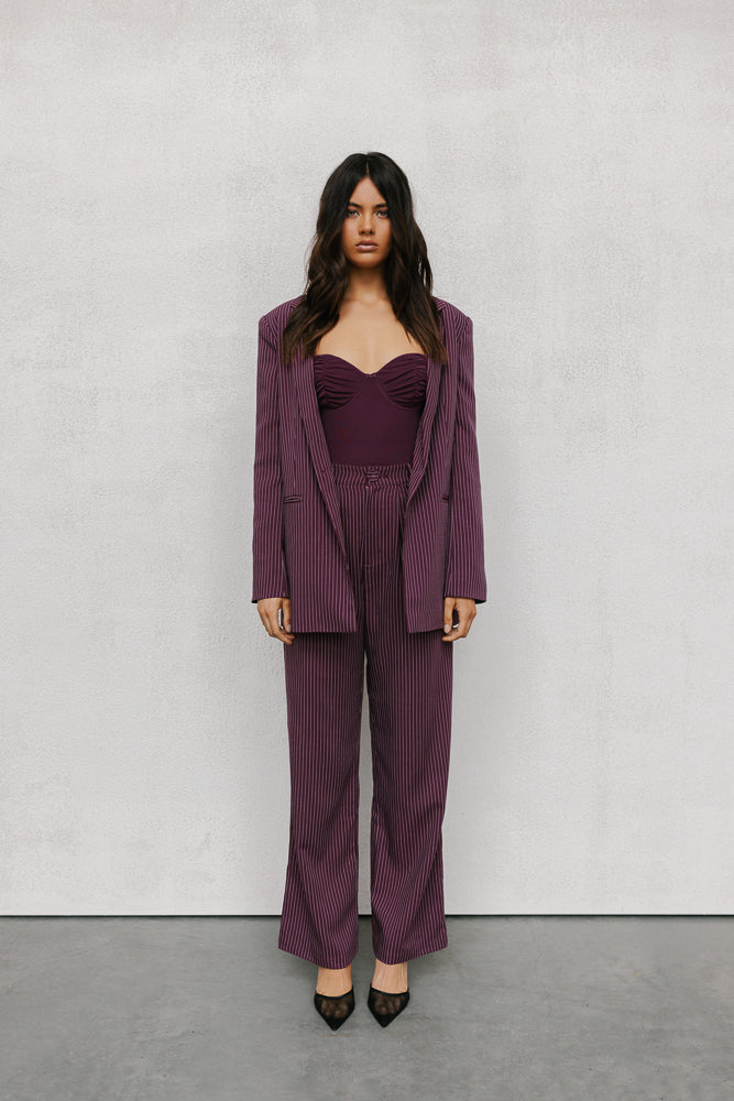 Scarlett Pants - Plum/White Pinstripe