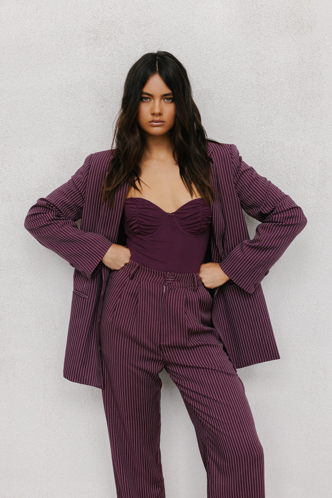 Scarlett Pants - Plum/White Pinstripe