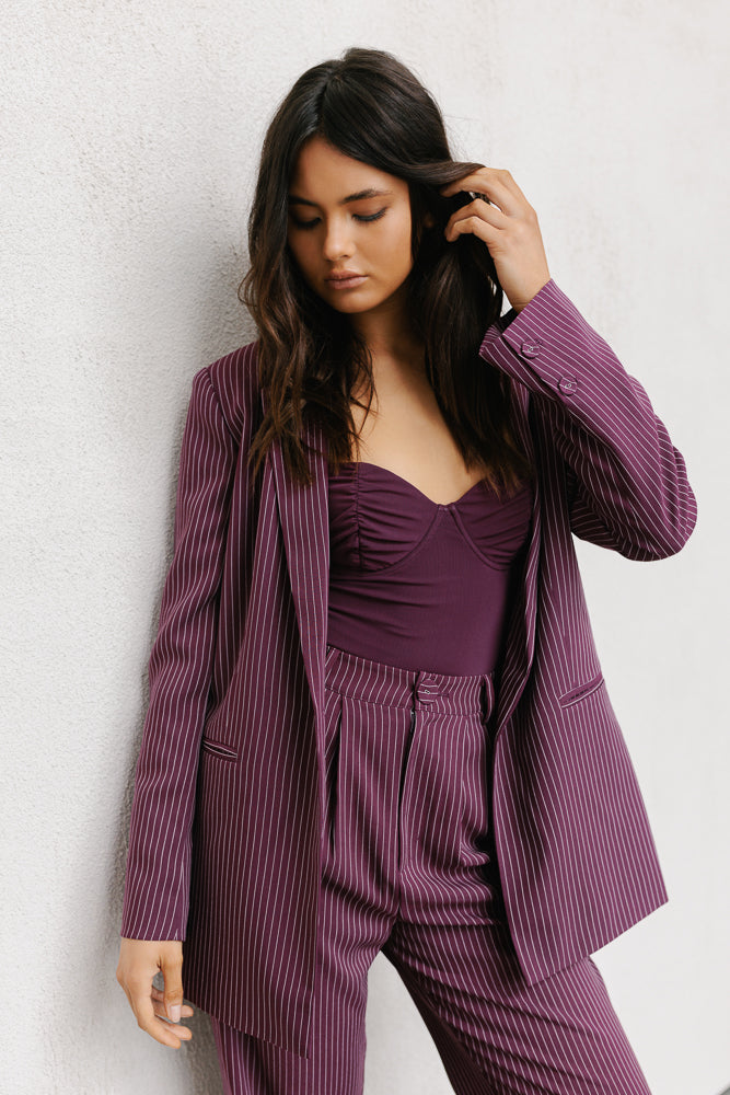 Scarlett Pants - Plum/White Pinstripe