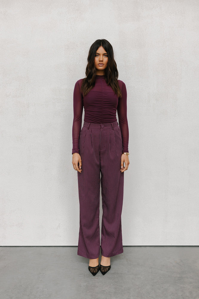 Scarlett Pants - Plum/White Pinstripe