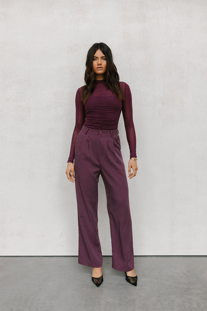 Scarlett Pants - Plum/White Pinstripe