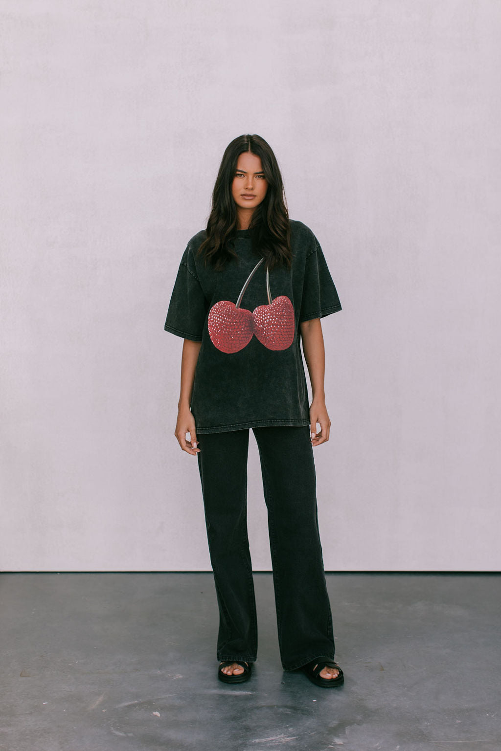 Cherry Baby Tee Black Acid Wash