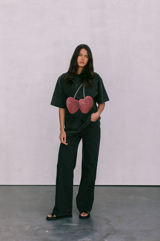 Cherry Baby Tee - Black Acid Wash