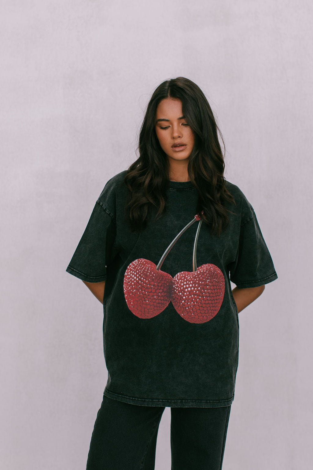 Cherry Baby Tee Black Acid Wash