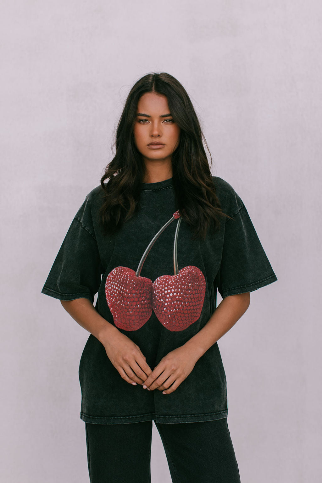 Cherry Baby Tee Black Acid Wash