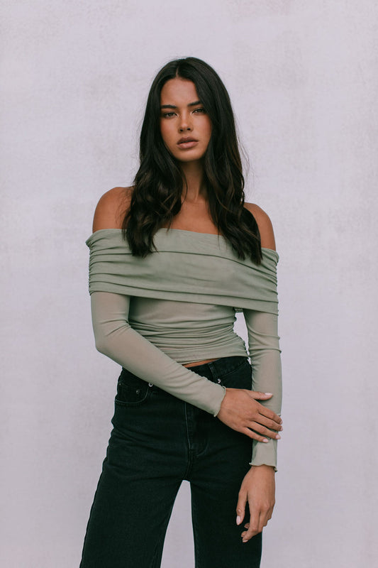 Plyrie Off-the-shoulder Top - Khaki Mesh