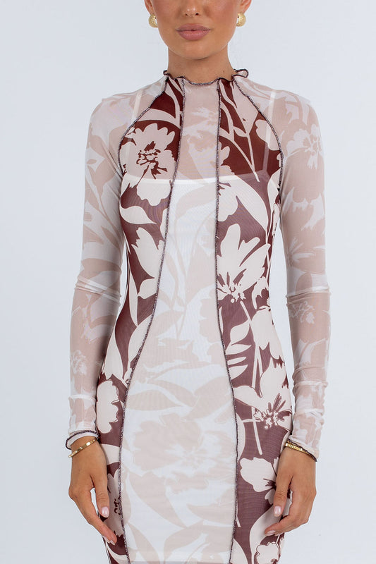 Rochelle Dress - Beige/Chocolate Brown Floral Mesh